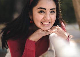 Cheerful young woman posing with a smile outdoors in Venado, Mexico.